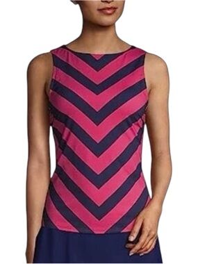 Lands’ End Chevron High Neck Tankini Top Size 4 Pink Blue